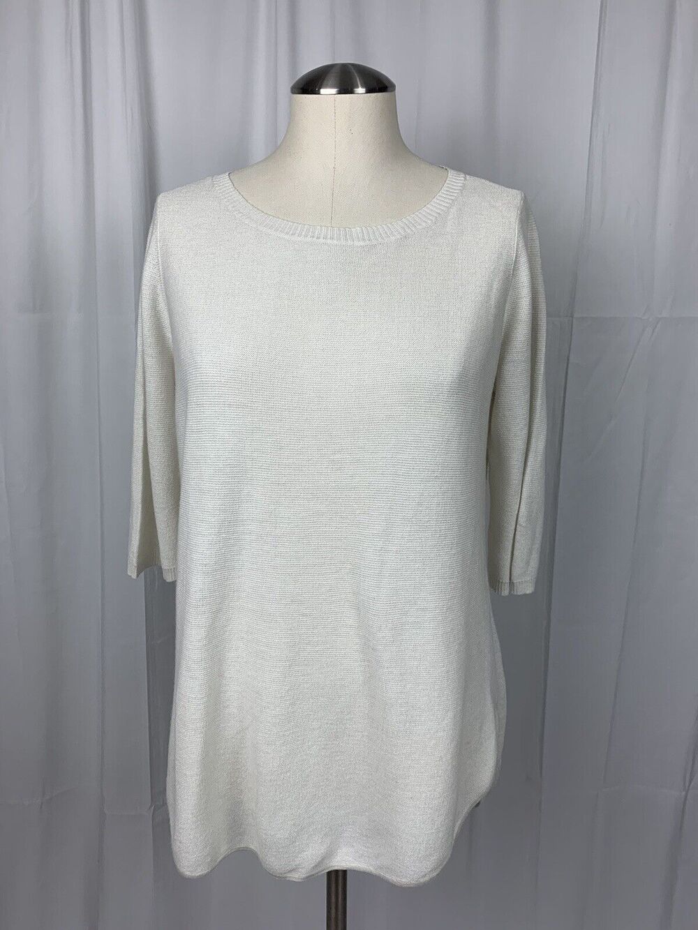 Eileen Fisher Cream Ivory Round Neck Lightweight 3/4 Sleeve Sweater Top S